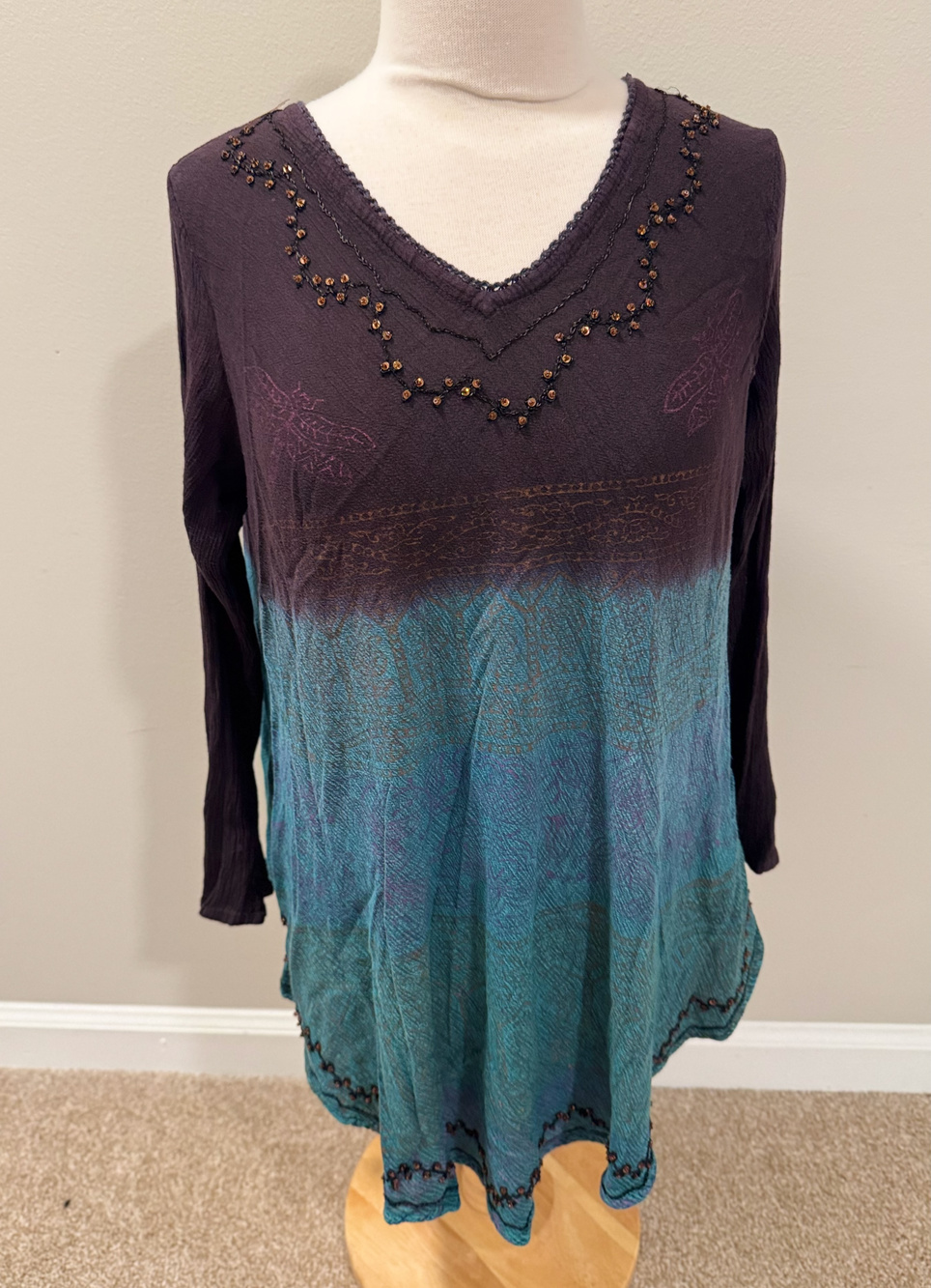 Greater Good L XL Tunic Blouse Purple Teal Dip Dye Beaded Dragonfly Crinkle Boho